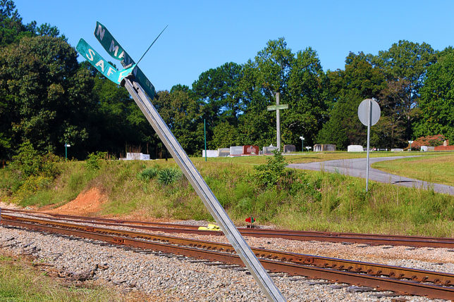 a pole on a train track