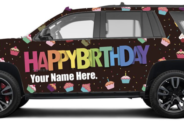 a car with a birthday sign