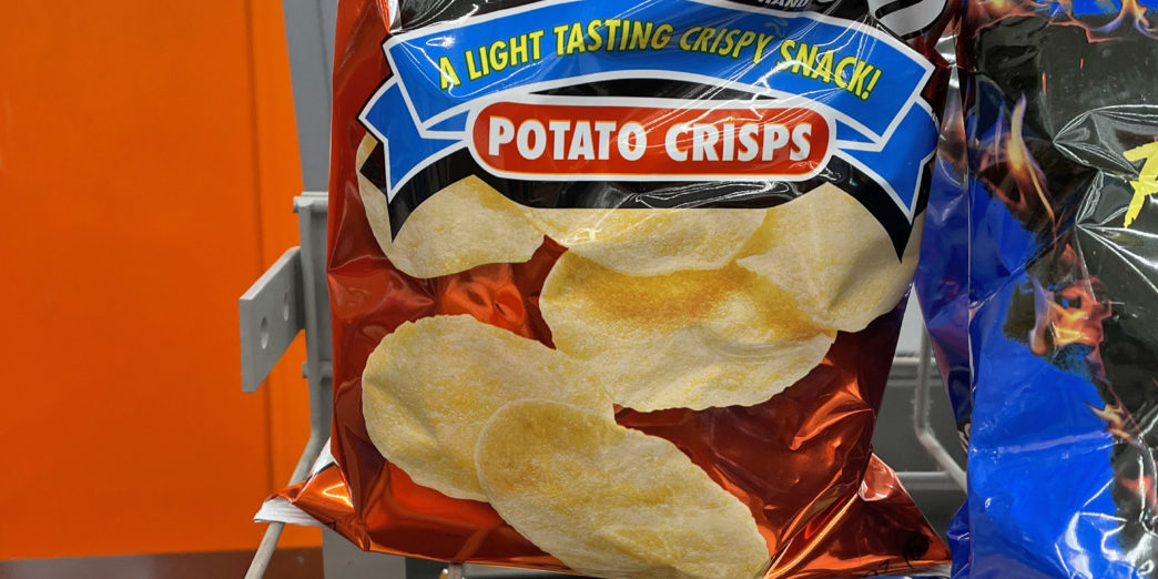 a bag of potato chips on a shelf