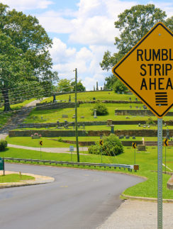 a road sign with grass and trees