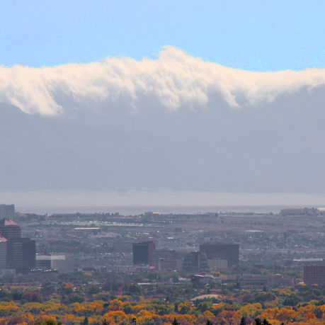 a city with trees and mountains in the background