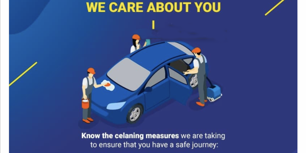 a blue advertisement with people cleaning a car