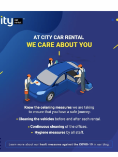 a blue advertisement with people cleaning a car
