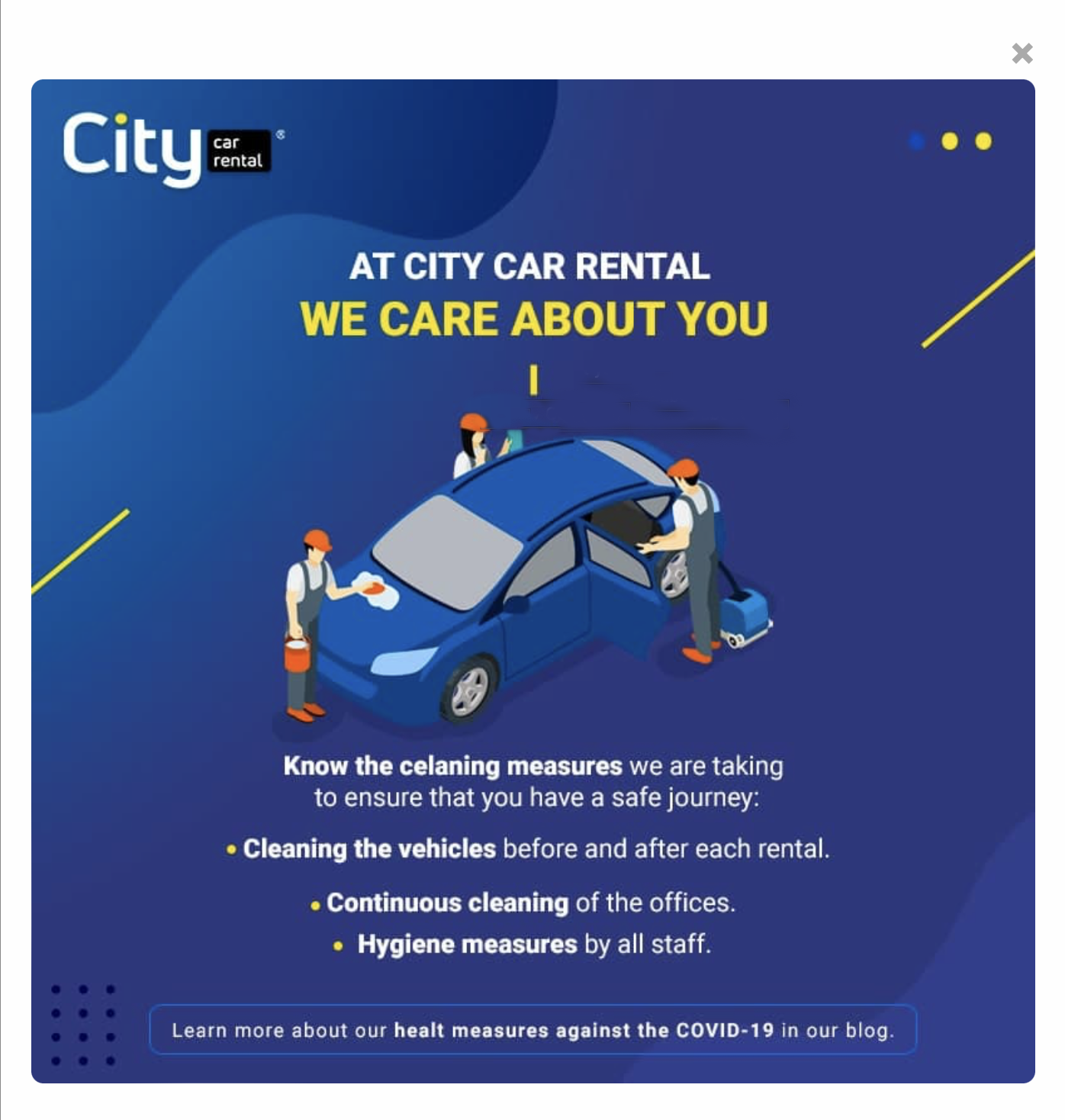 a blue advertisement with people cleaning a car