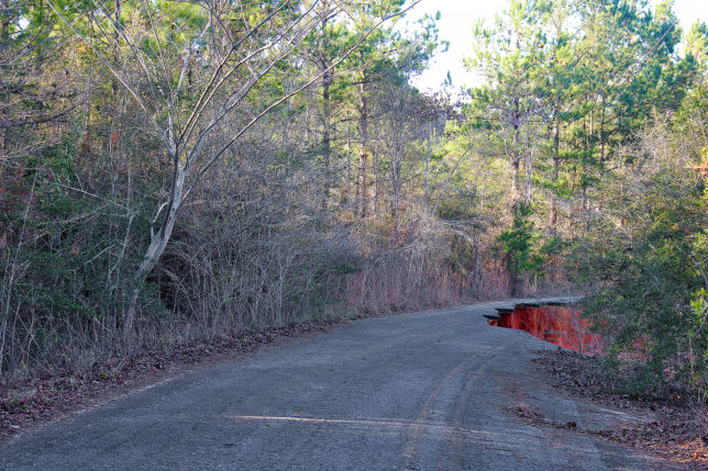 a road with red water in the middle