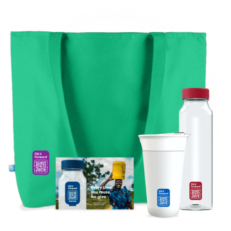 a green bag with a white bottle and a red lid