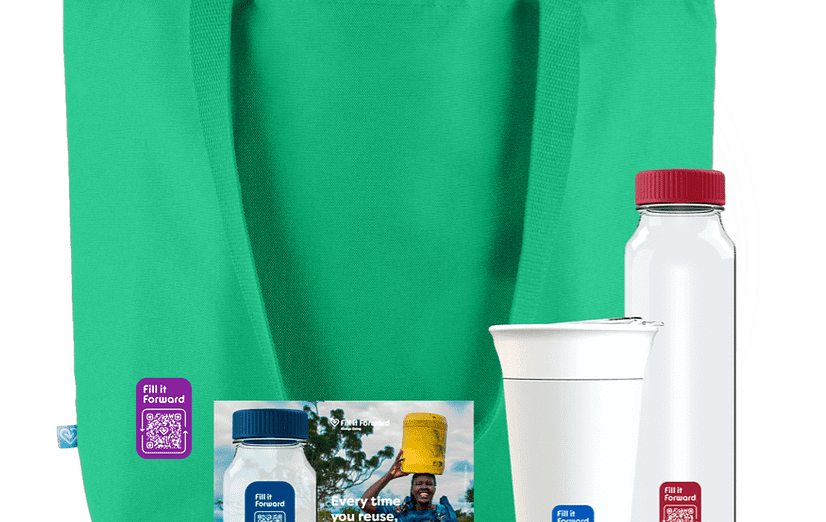 a green bag with a white bottle and a red lid