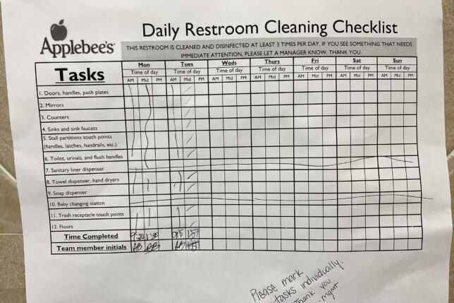 a cleaning checklist with black writing