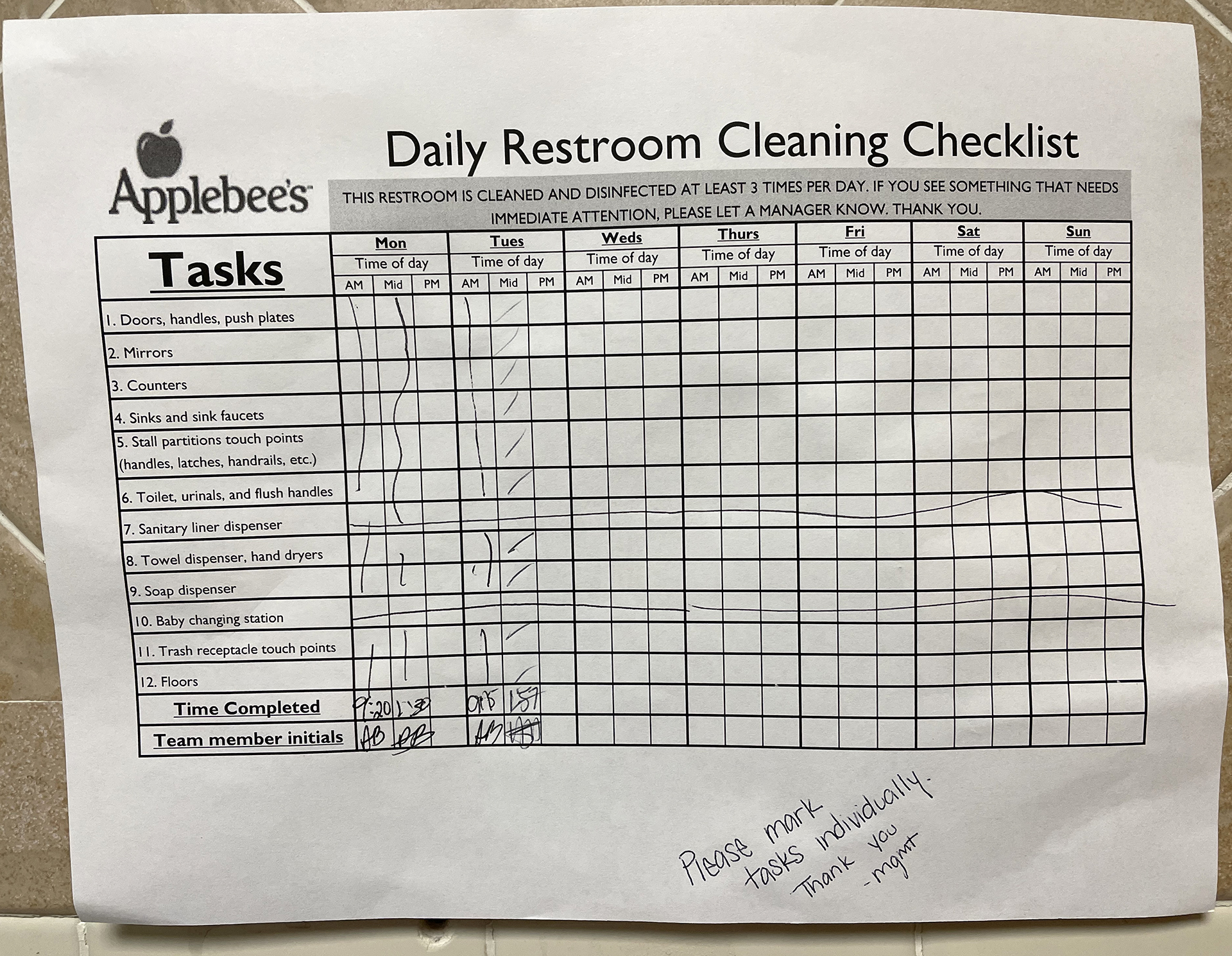 a cleaning checklist with black writing