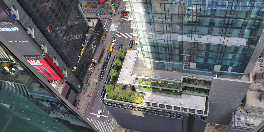 a view from above of a city street