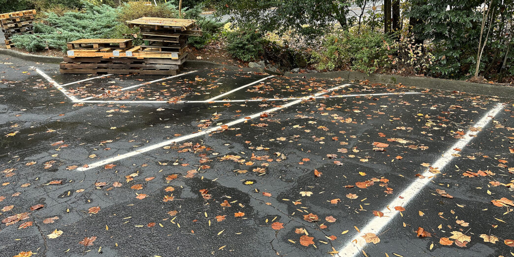 a parking lot with fallen leaves on the ground