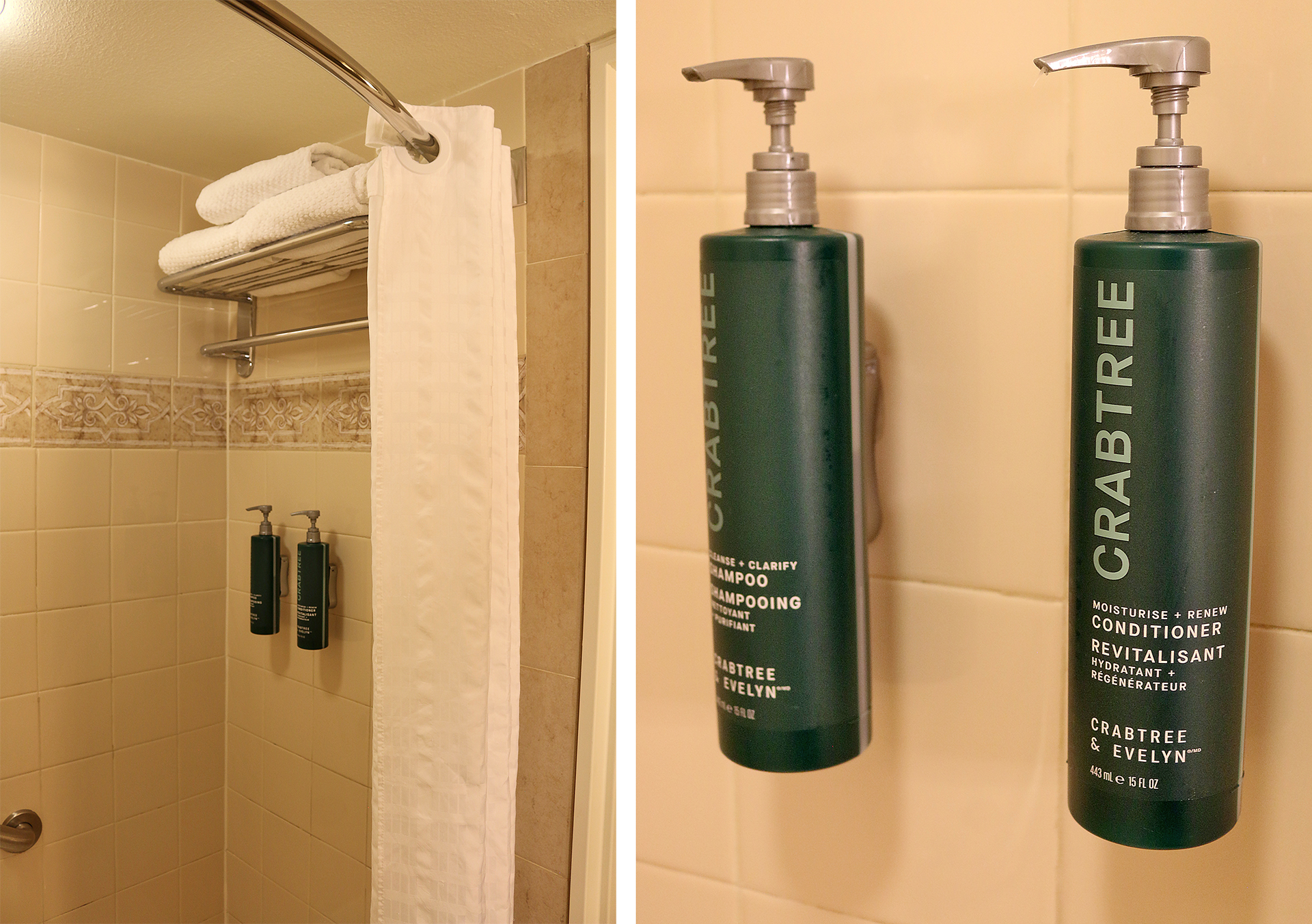a bathroom with a towel rack and soap dispenser