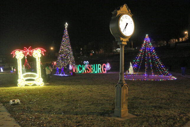 a clock in a park with christmas lights