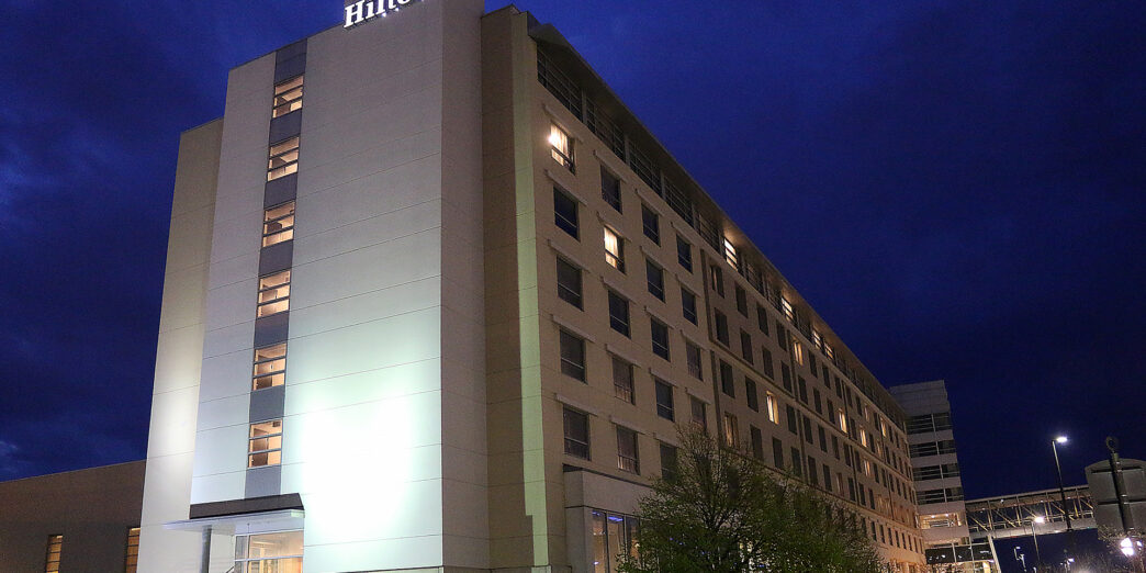 a large building with lights on