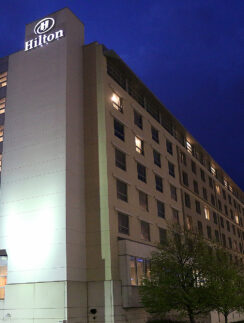 a large building with lights on