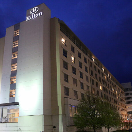 a large building with lights on