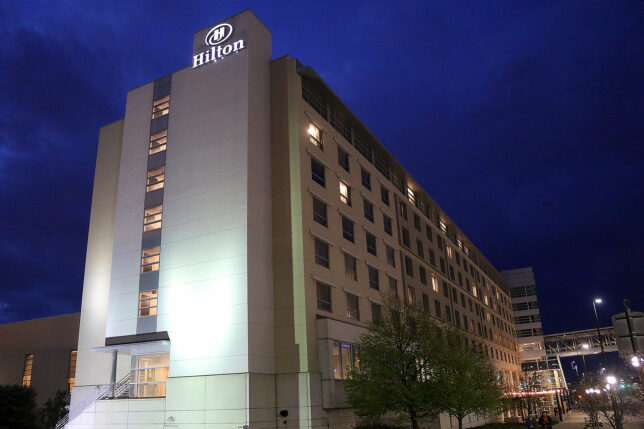 a large building with lights on