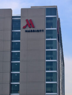a building with a logo on it