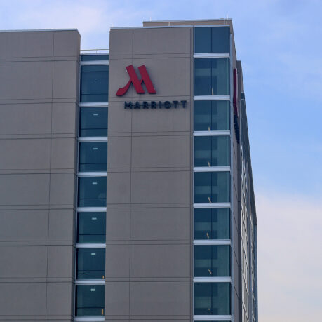 a building with a logo on it