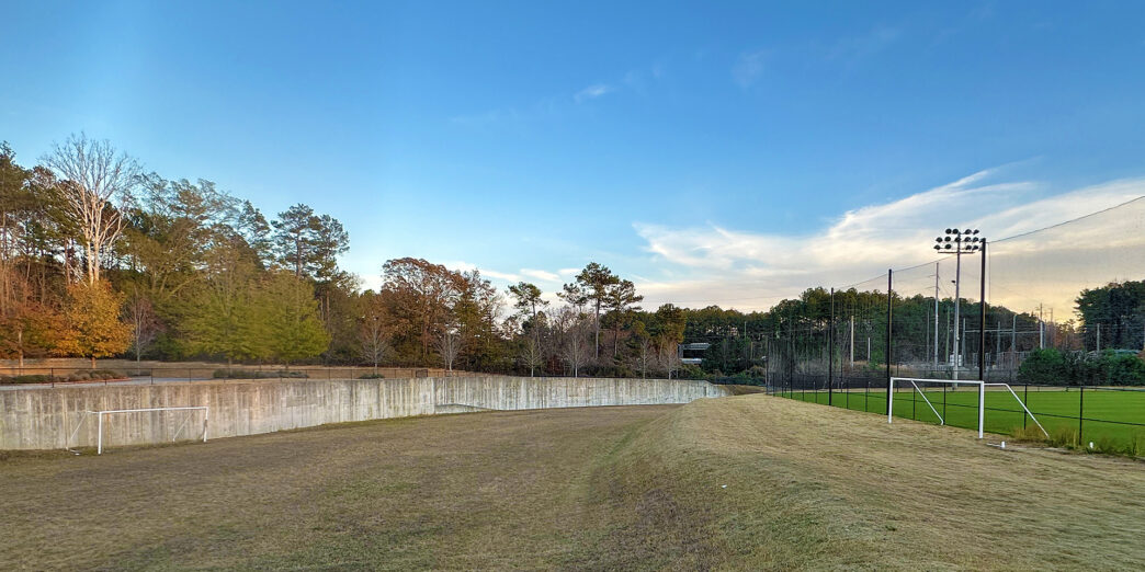 a grass field with trees in the background