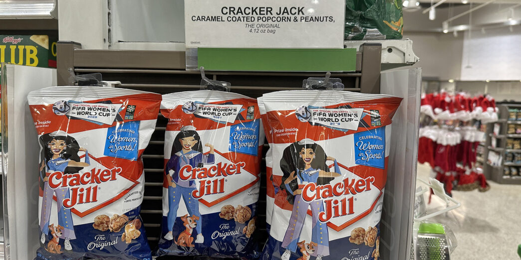 a group of bags of crackers on a shelf