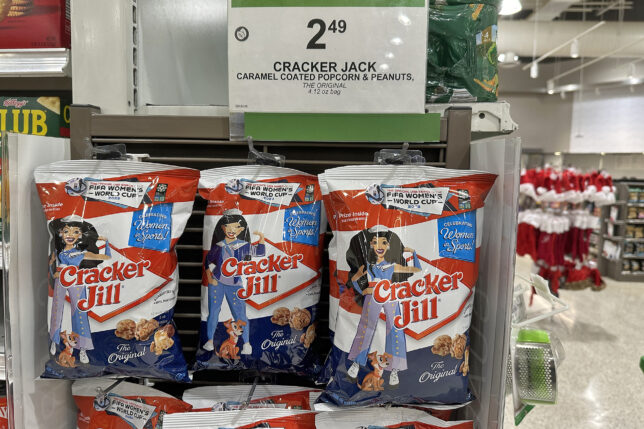 a group of bags of crackers on a shelf
