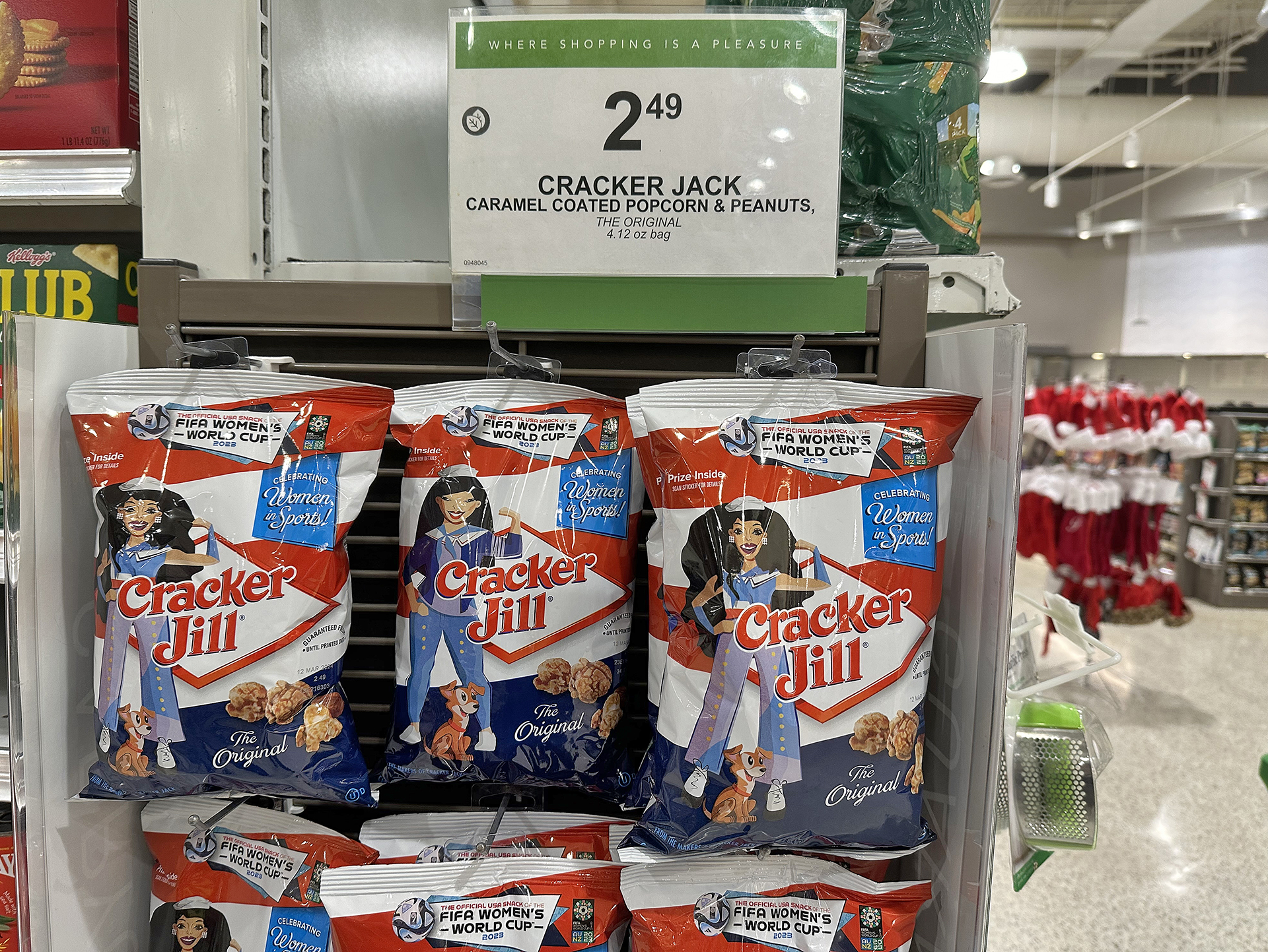 a group of bags of crackers on a shelf
