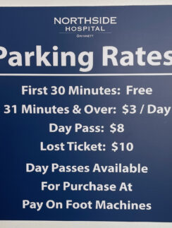 a blue sign with white text