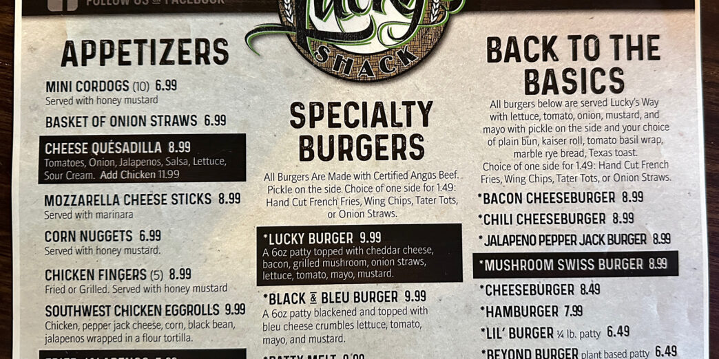 a menu of a restaurant