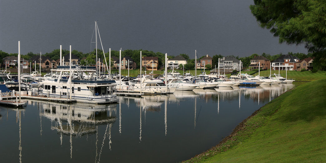 a group of boats in a harbor