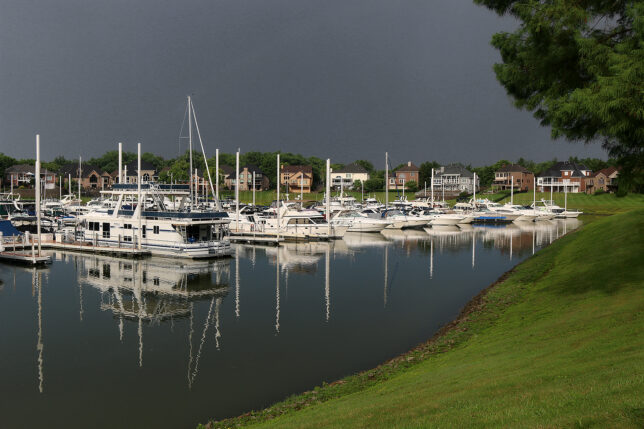 a group of boats in a harbor