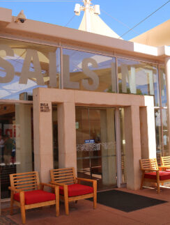 a building with chairs outside