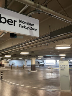 a sign in a parking garage