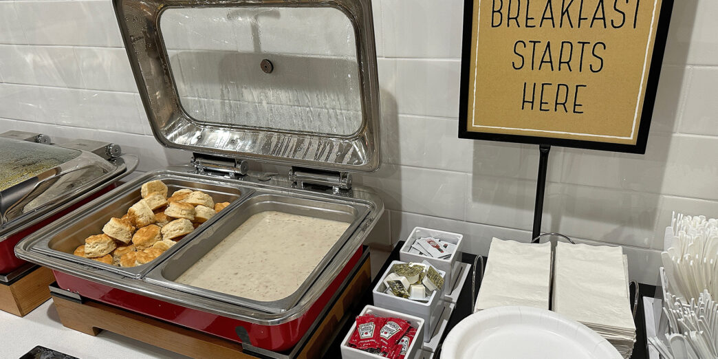 a buffet with food in it