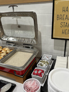 a buffet with food in it