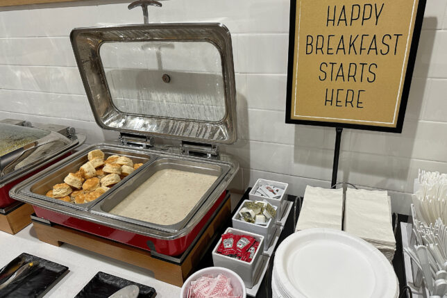 a buffet with food in it