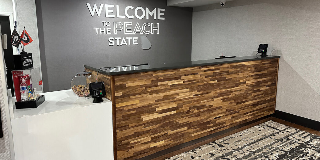 a reception desk in a lobby