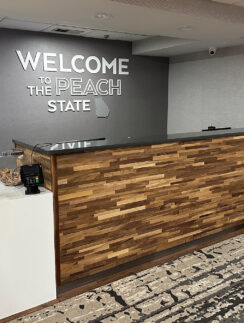 a reception desk in a lobby