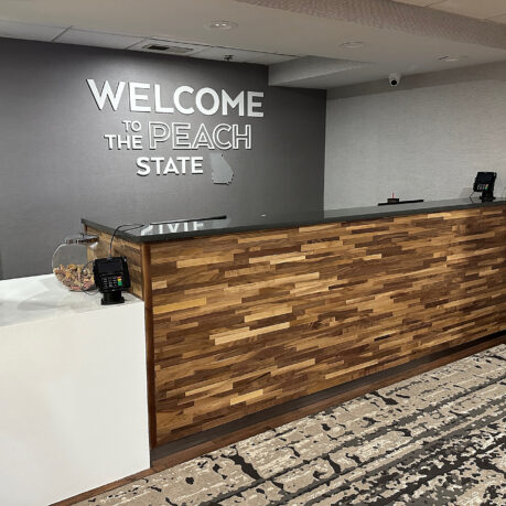 a reception desk in a lobby