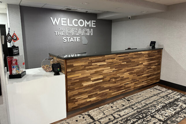 a reception desk in a lobby