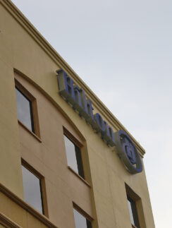 a building with a sign on it