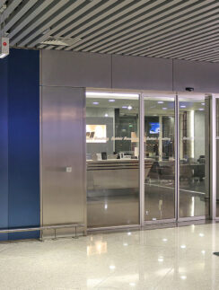 a glass doors in a building