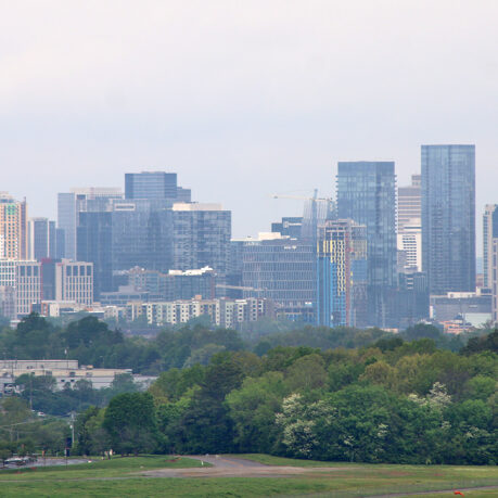 a city skyline with trees in the background