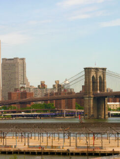 a bridge over water with a city in the background