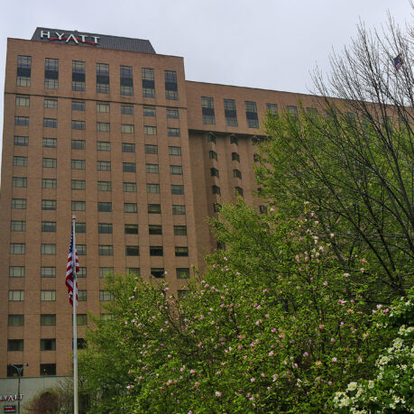 a building with a flag in front of it