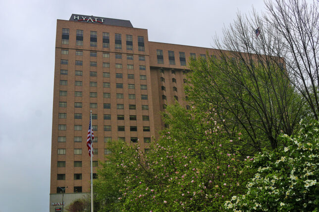 a building with a flag in front of it