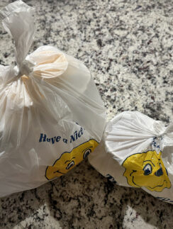 a couple of plastic bags on a counter