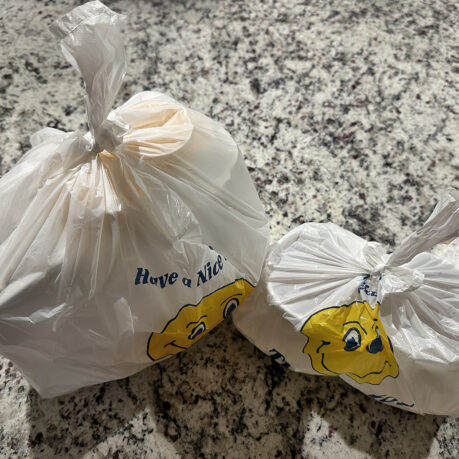 a couple of plastic bags on a counter