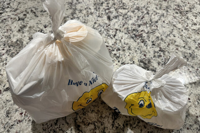 a couple of plastic bags on a counter