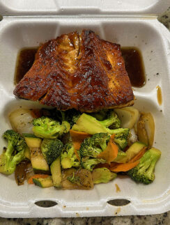 a food in a styrofoam container